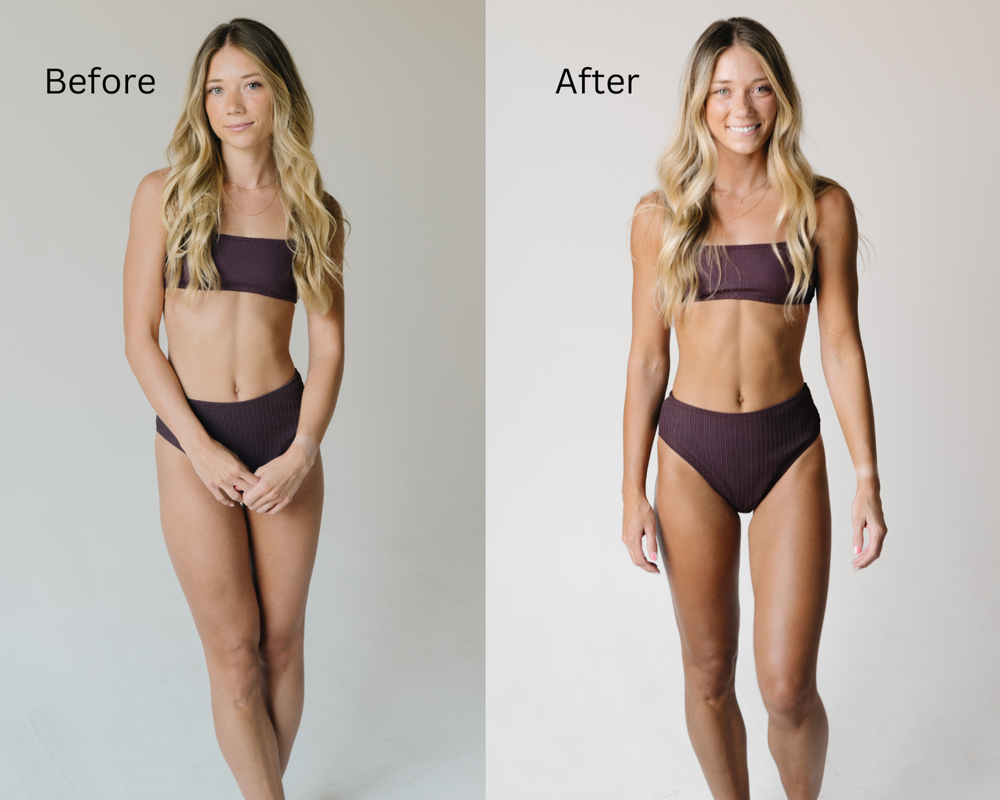 Before‑and‑after: fair skin vs deep ultra‑dark bronze two hours after applying Bronzing Bods express tan