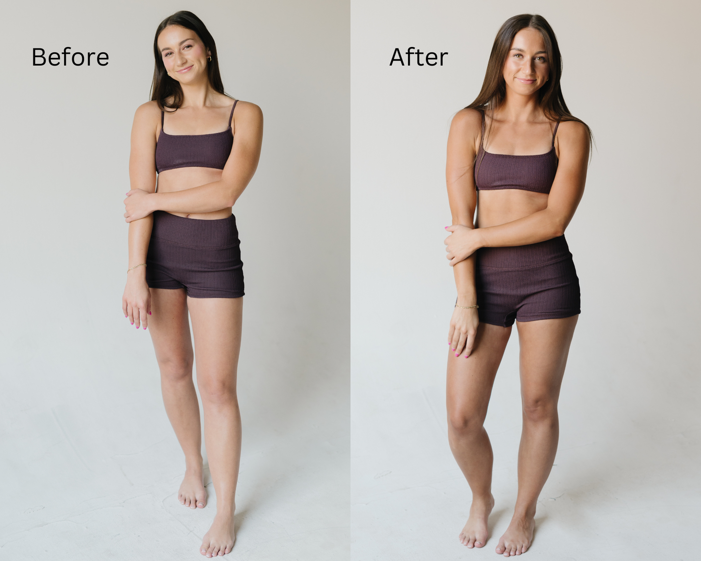 Before‑and‑after comparison: fair skin vs natural medium bronze after one coat