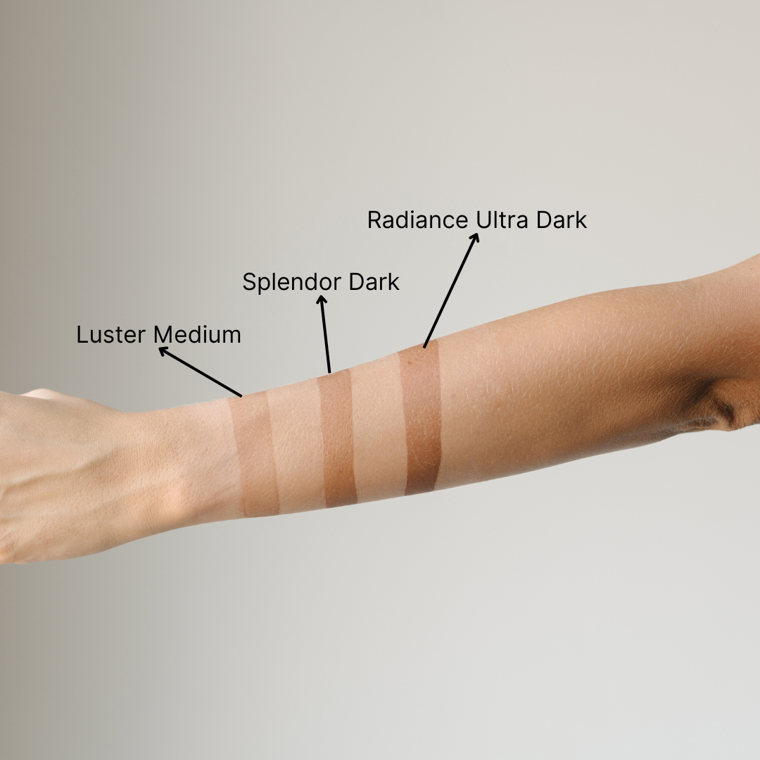 Shade guide chart – natural skin tone vs Medium, dark, ultra dark bronze result after two‑hour development