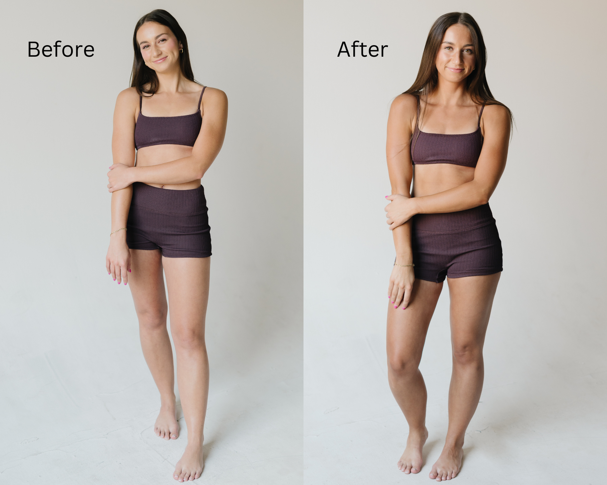 Before‑and‑after comparison: fair skin vs natural medium bronze after one coat