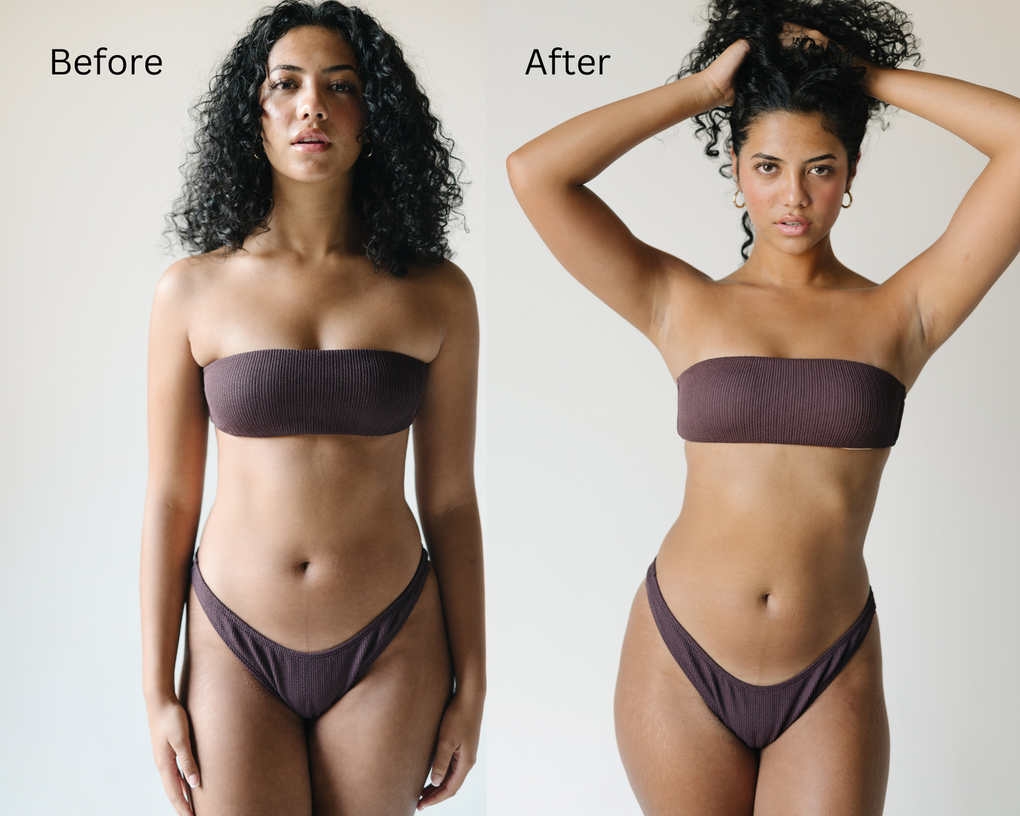 Before‑and‑after: natural skin vs intense ultra‑dark bronze after one coat of Bronzing Bods